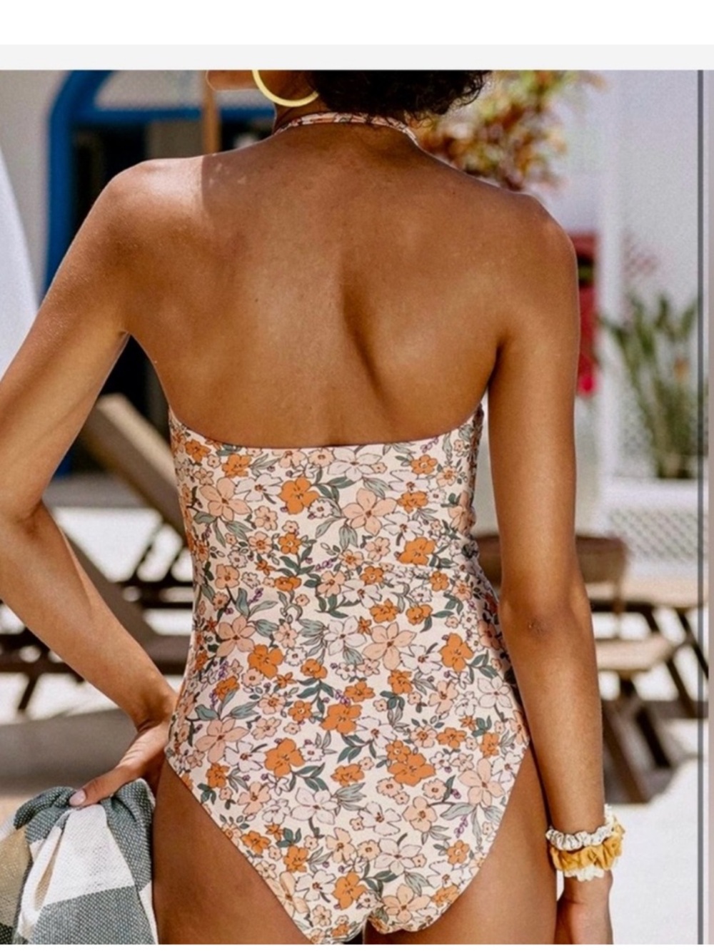 Cupshe Peach Floral Shirred Halter One-Piece Swimsuit with Orange Flowers - Picture 2 of 5
